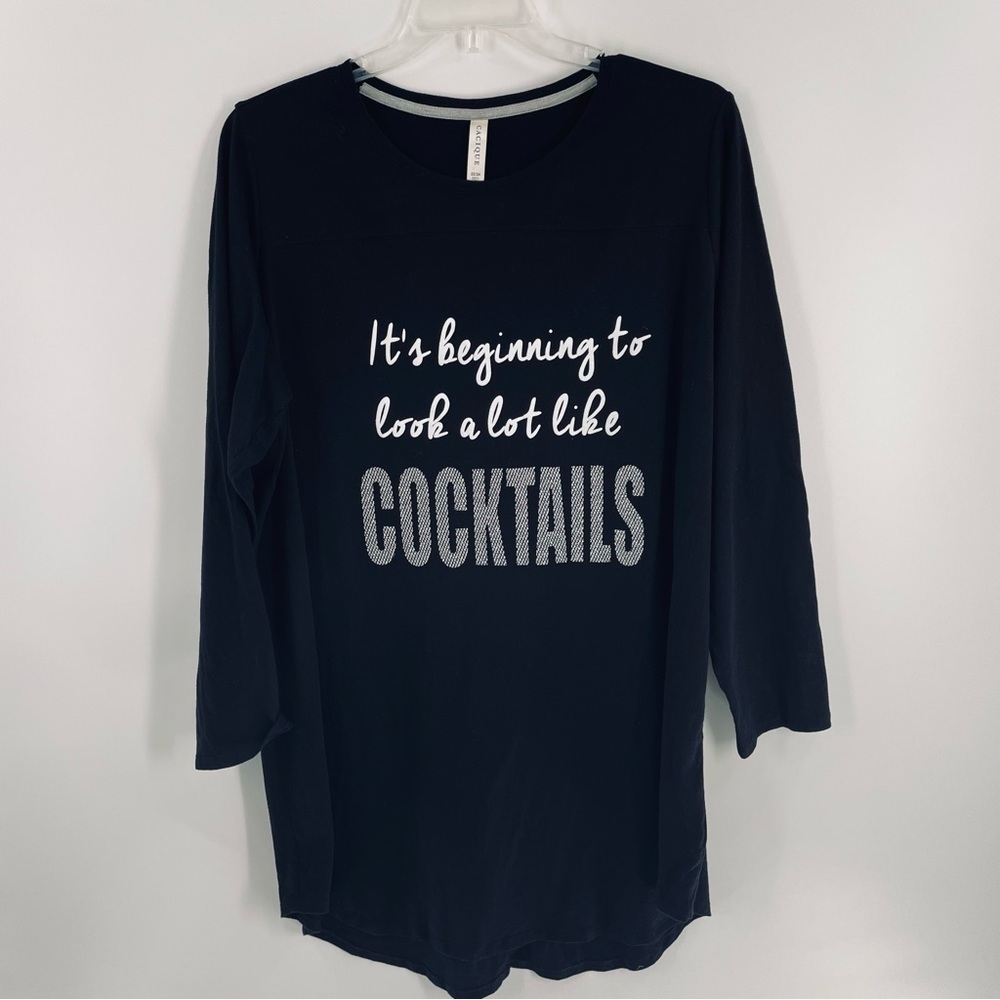Cacique Novelty Glitter Lettering Cocktails 100% Cotton Sleep Shirt Loungewear